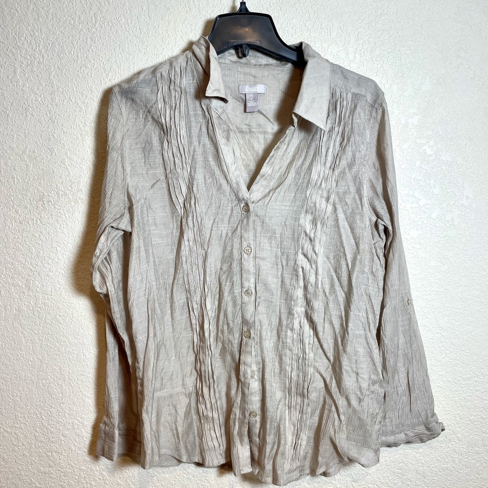 Chico's Button Up Shirt Blouse Womens L Light Brown Roll Tab Long Sleeve Pleated